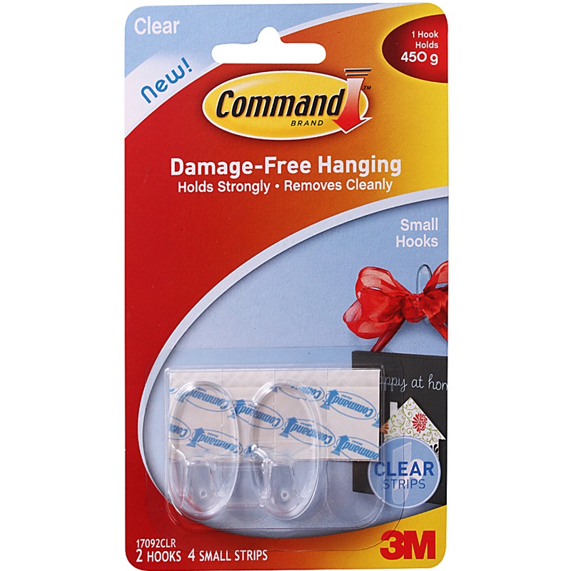 3M COMMAND SMALL CLEAR HOOKS 2 HOOKS,4 CLEAR STRIPS 17092CLR, Home &  Office Supplies