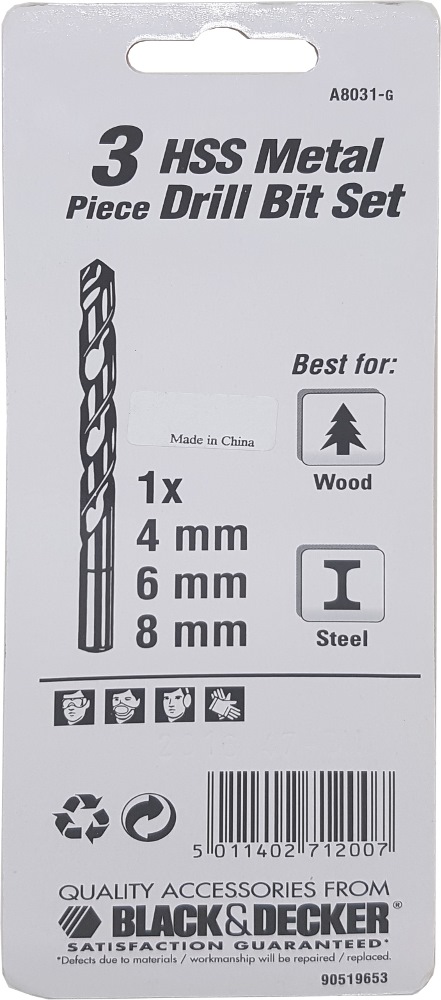 BLACK AND DECKER 5PC HSS DRILL BIT SET [4,5,6,8,10MM] A8030G, Drilling &  Fastening Acc