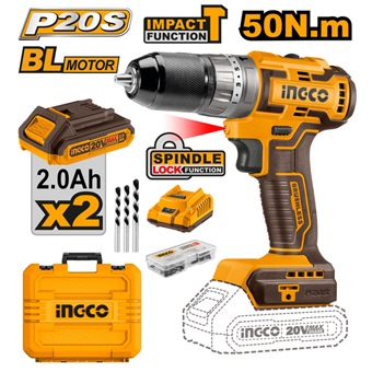 INGCO 20V 2X2.0AH LI-ION BRUSHLESS IMPACT DRILL 50NM, CIDLI20508