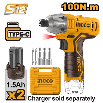 INGCO 12V IMPACT DRIVER 100NM WITH 2X12V 1.5AH (NO USB CHARGER) CIRLI2015