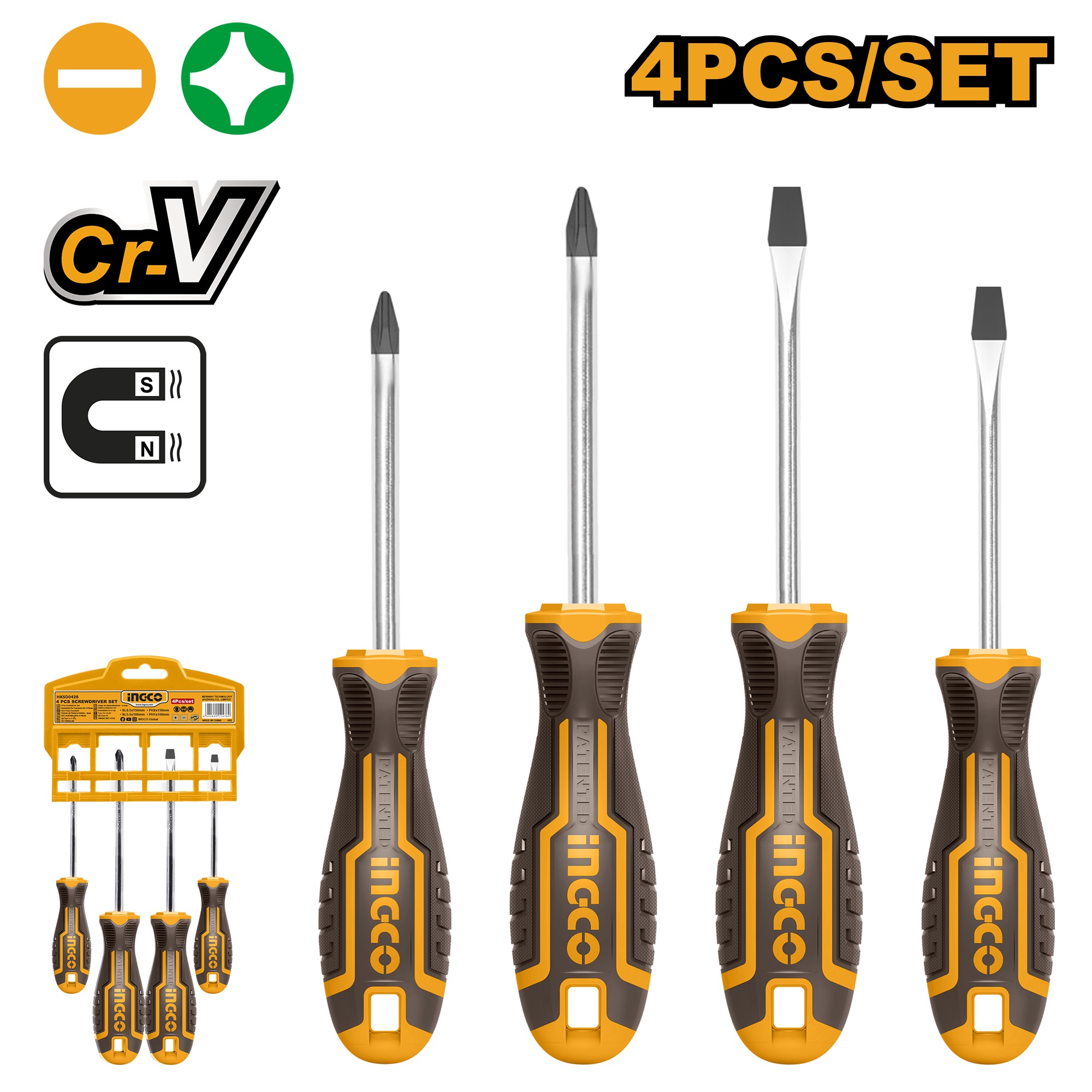 INGCO 4PCS SCREWDRIVER SET MAGNETIC TIP 2PCS (-) & 2PCS (+) HKSD0428 ...