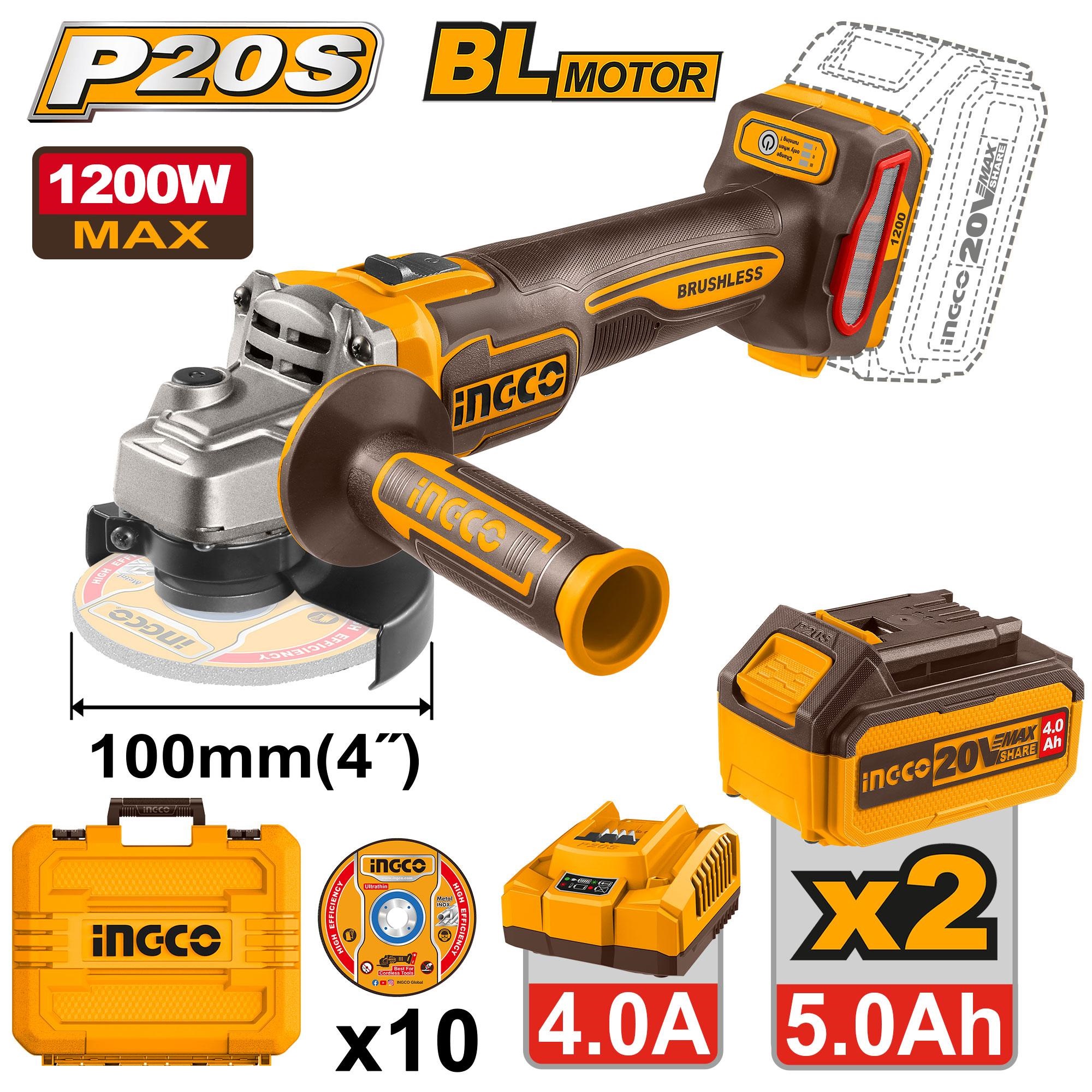 INGCO 20V LI-ION 3-SPEED ANGLE GRINDER 4" 1200W 2X5.0AH+CASE CAGLI2210032