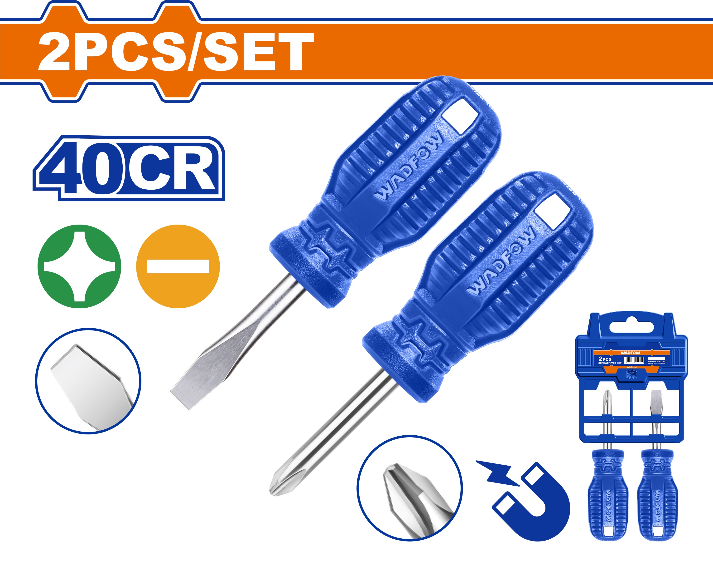 WADFOW 2PCS 38MM (-) & (+) SCREWDRIVER SET WSS2202 | Screwdrivers