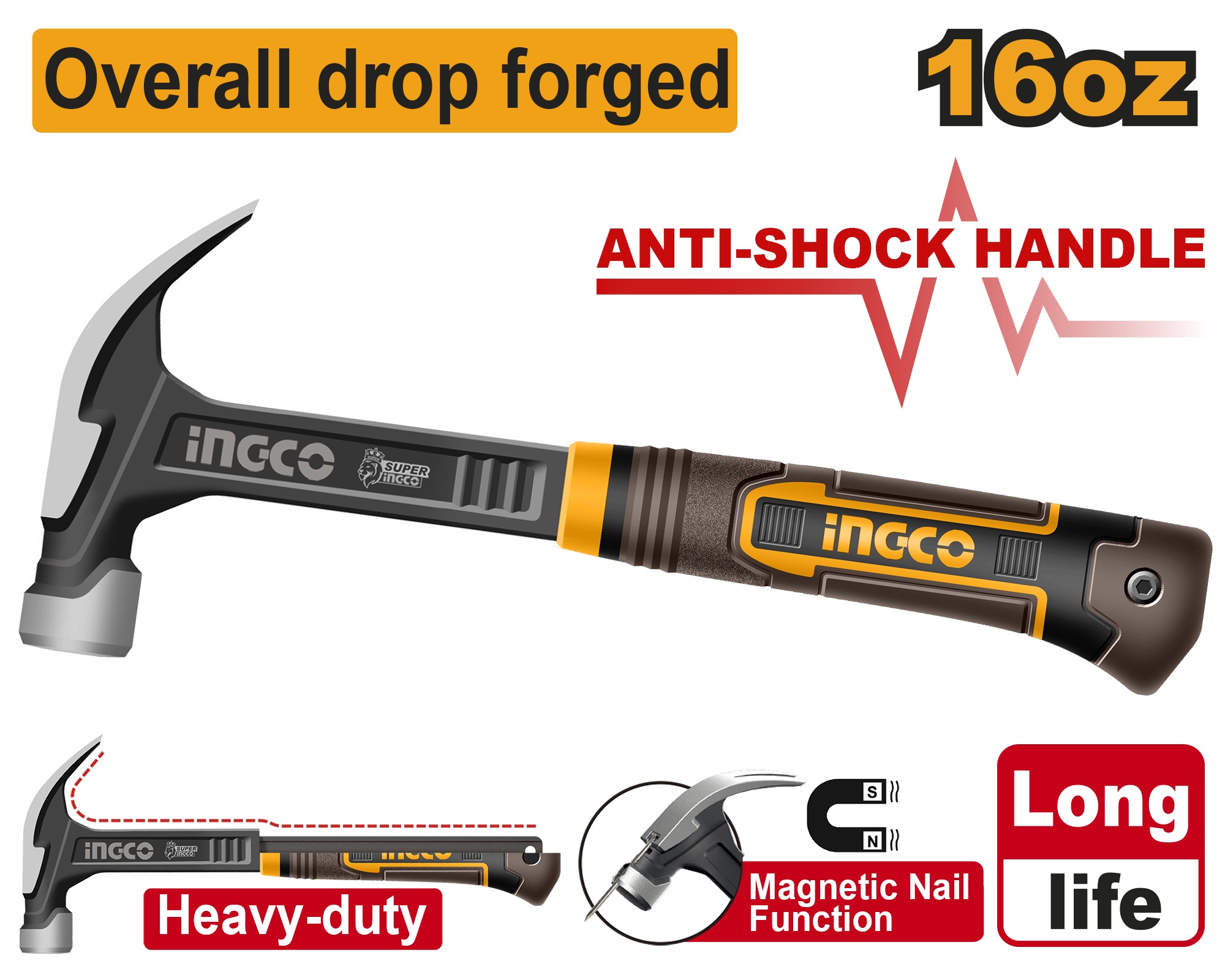 INGCO ANTI SHOCK HANDLE CLAW HAMMER 16OZ HCH81016L | Hammers, Mallets ...