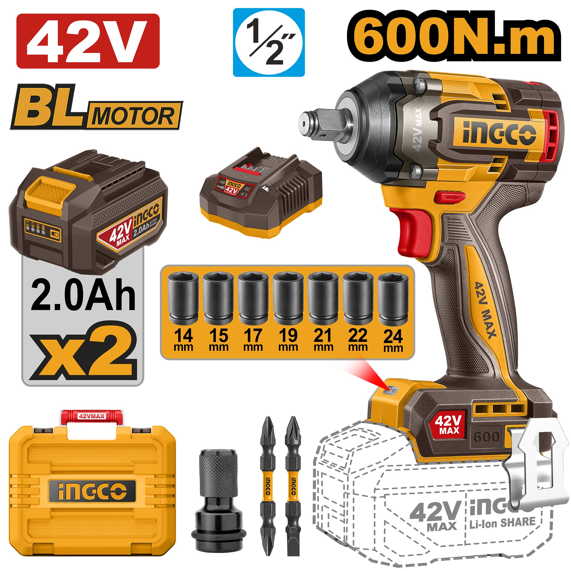INGCO 42V BL IMPACT WRENCH 600NM CASE CIWLI42602