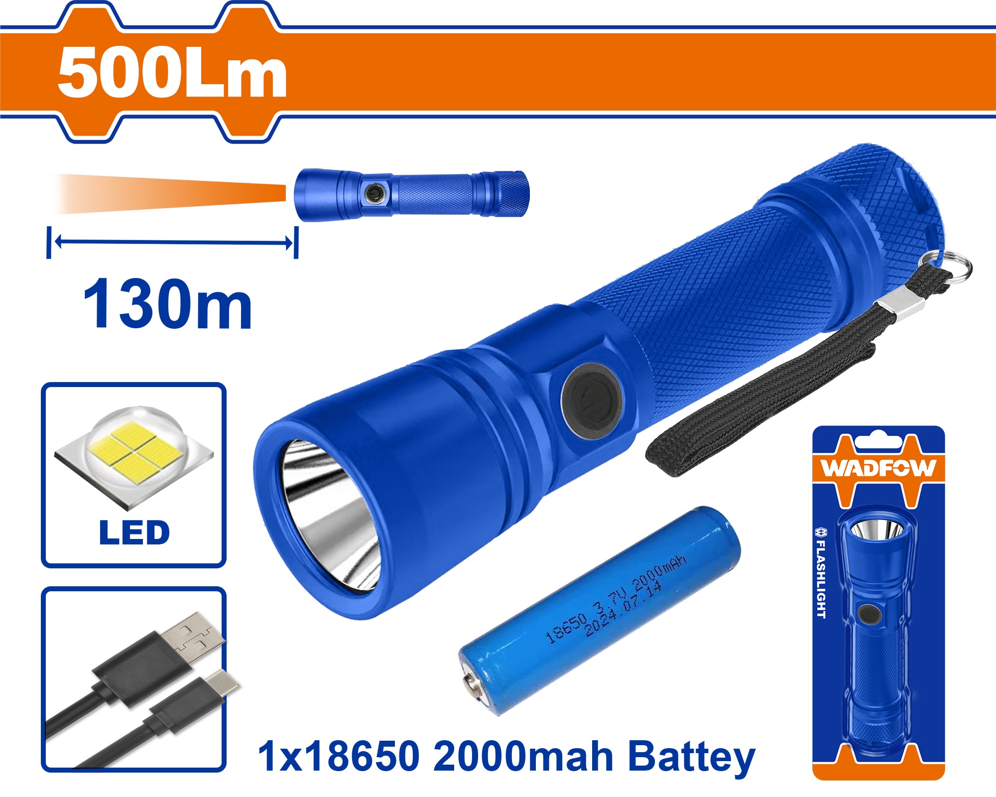WADFOW FLASHLIGHT 500 LUMENS IRRADIATION DISTANCE 130M 18650