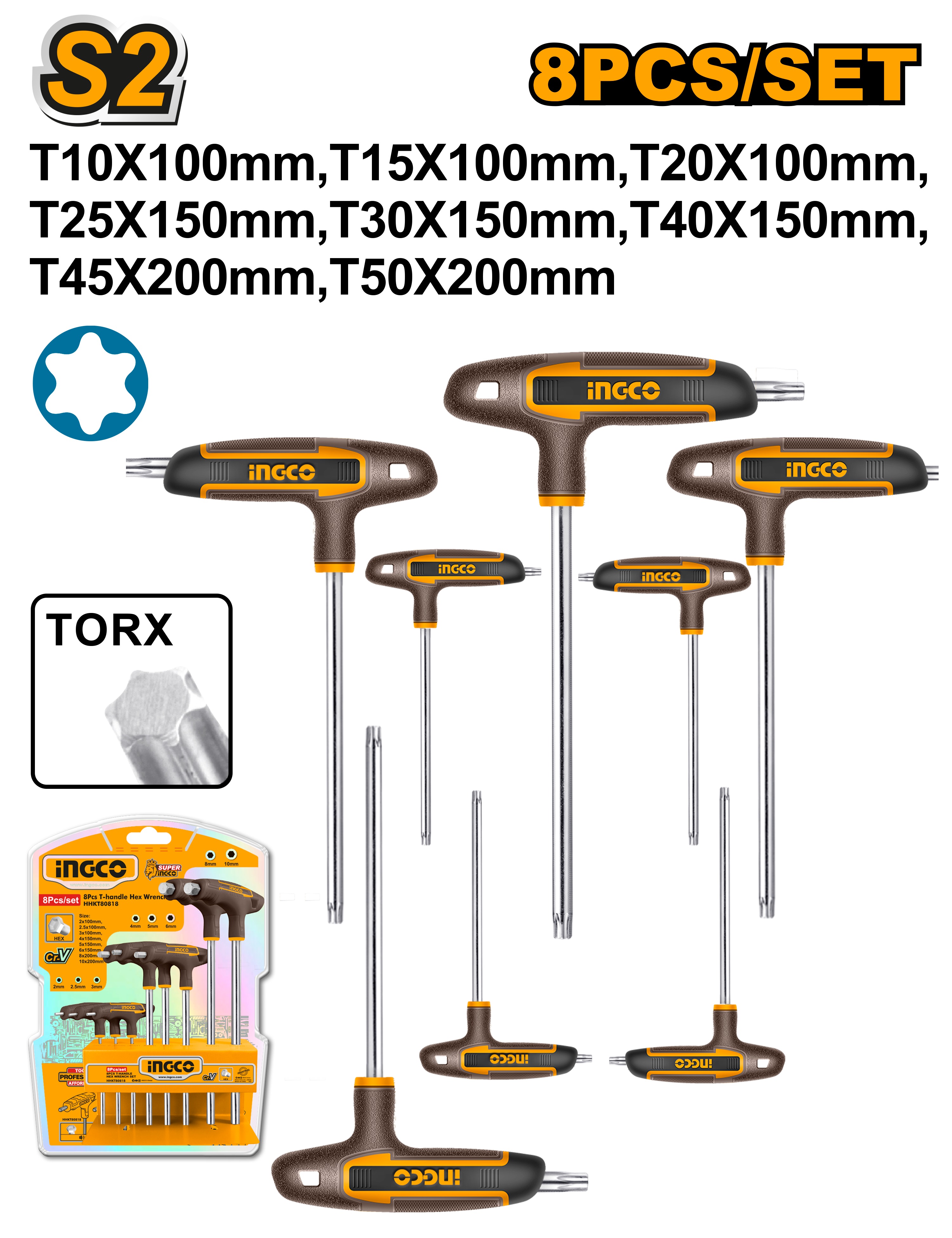 INGCO 8PCS T-HANDLE TORX KEY SET(T10-T50) HHKT80838 | Hex Tools