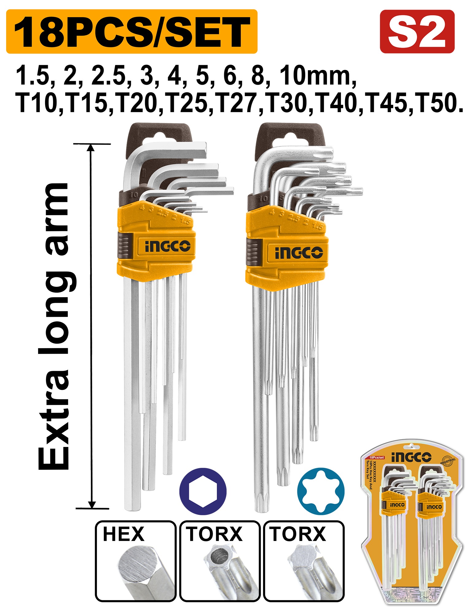 INGCO 18PCS EXTRA LONG HEX KEY(1.5-10MM) & TORX KEY(T10-T50) SET